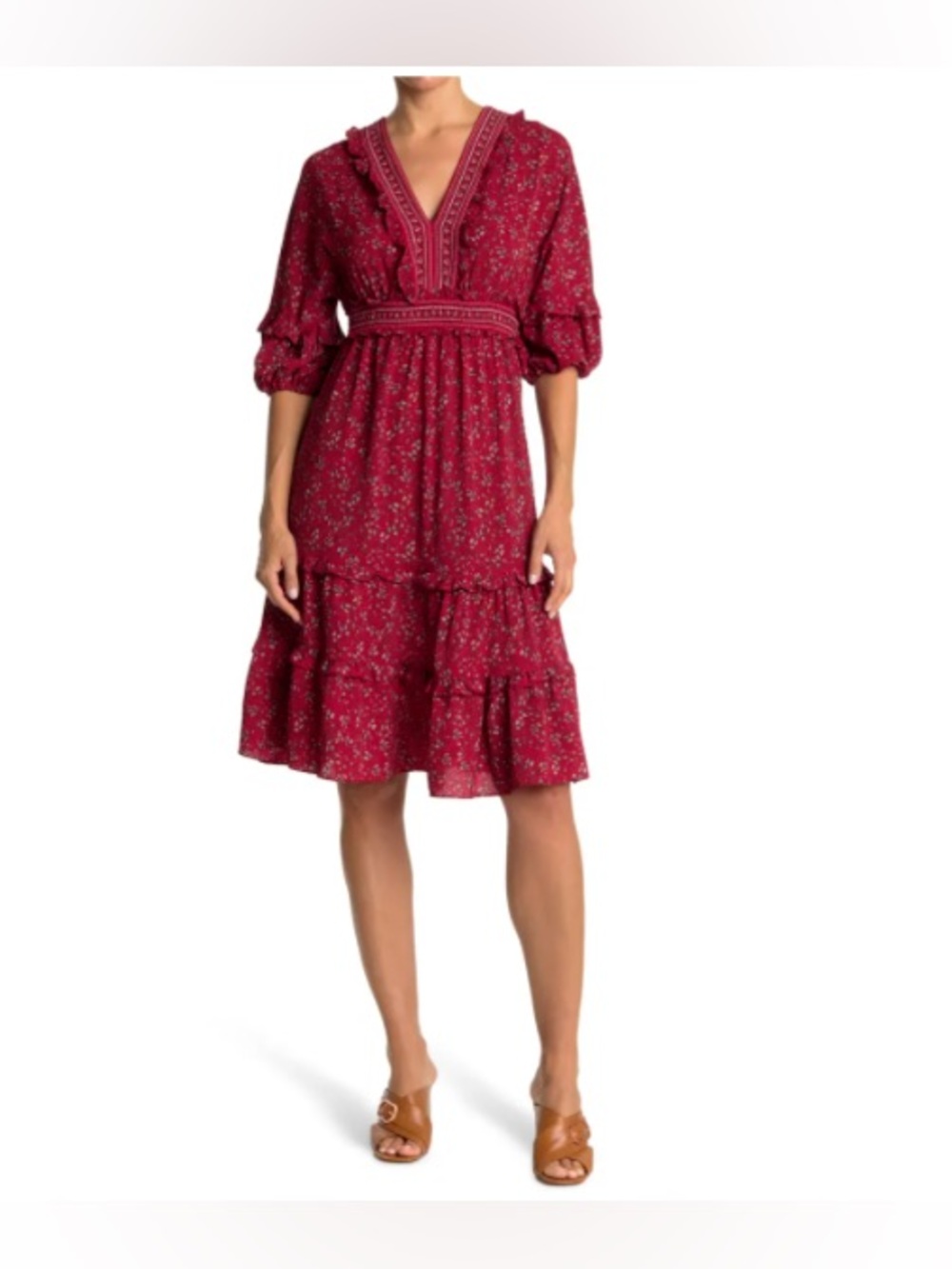 Max Studio Rose Red Floral V-Neck Tiered Midi Dress